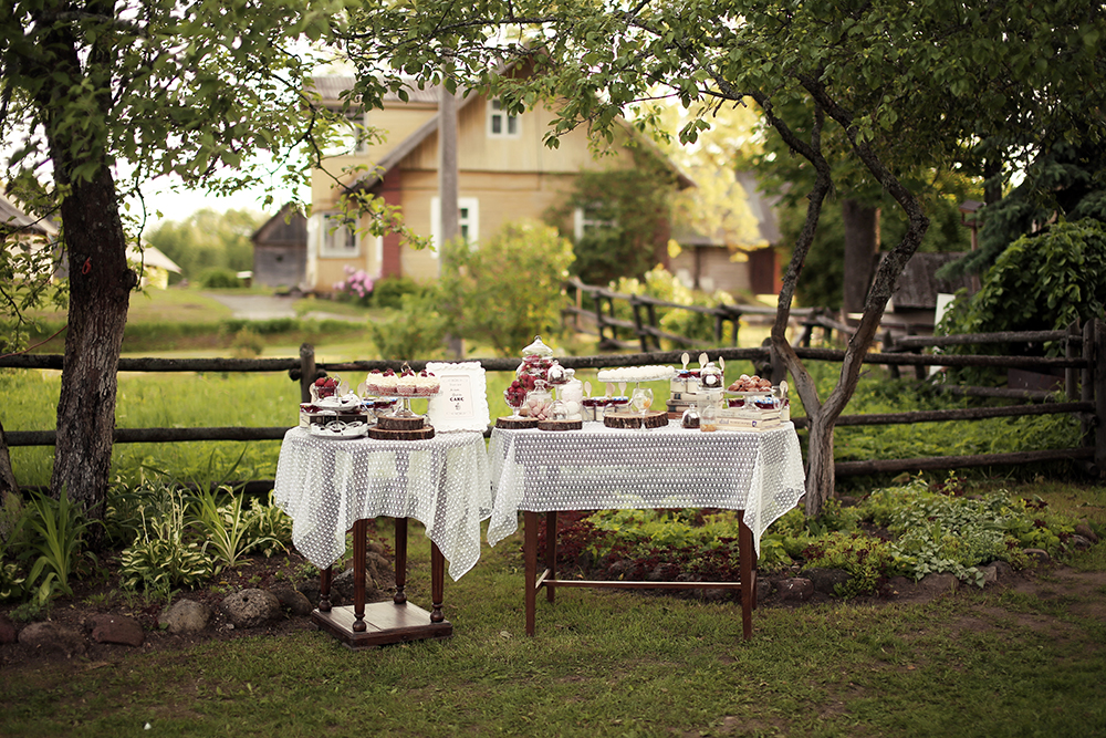 Desertų vaišių stalas vestuvėse, gamtoje, rustic stilius