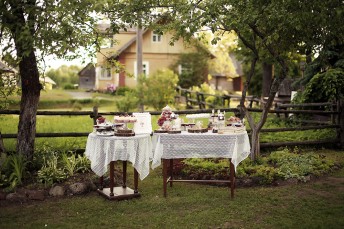 Desertų vaišių stalas vestuvėse, gamtoje, rustic stilius